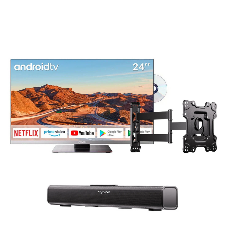 24'' Smart 12V RV DVD Combo TV (2023 Limo Series)++Sylvox Full Motion TV Wall Mount+12V Soundbar