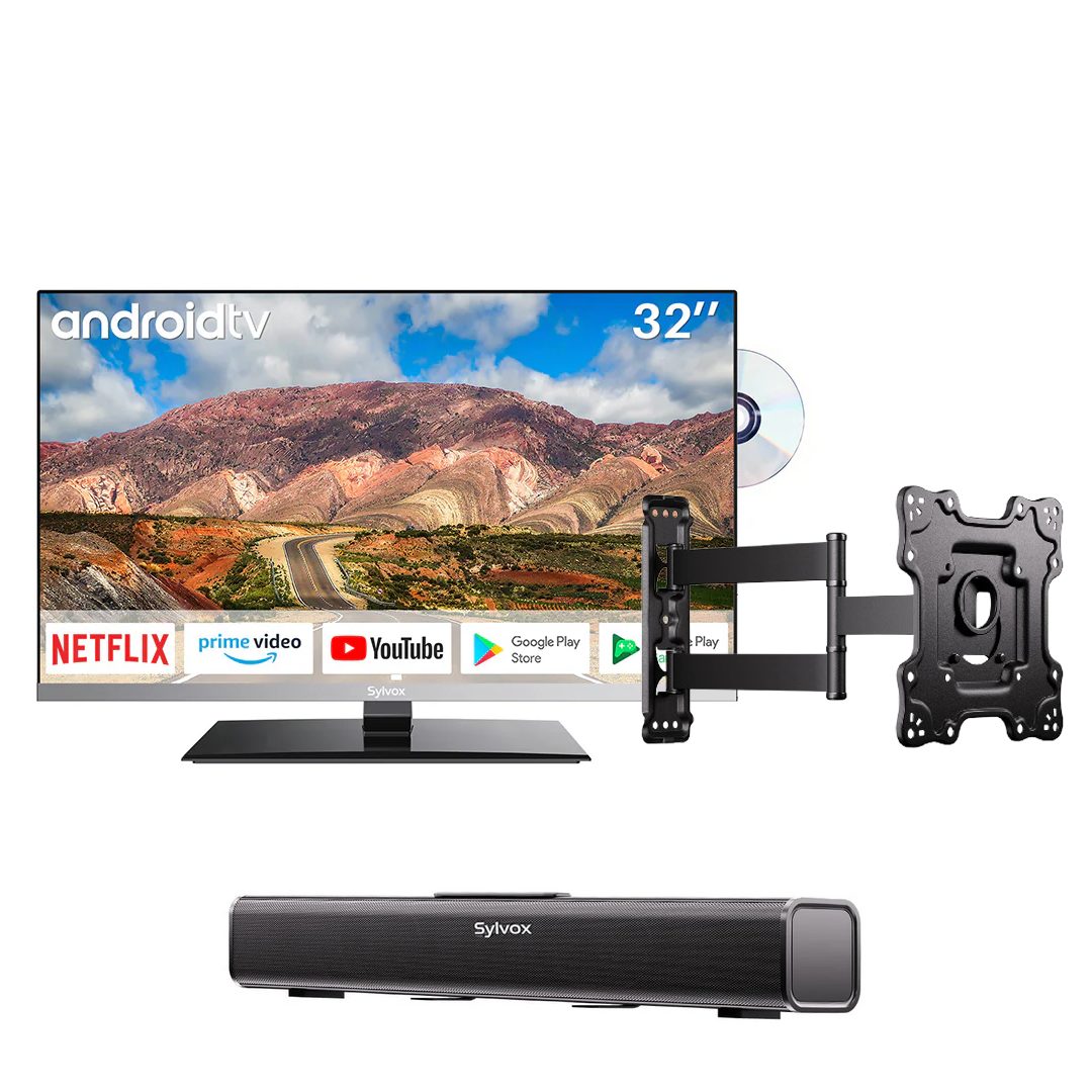 32'' Smart 12V RV DVD Combo TV (2023 Limo Series)++Sylvox Full Motion TV Wall Mount+12V Soundbar