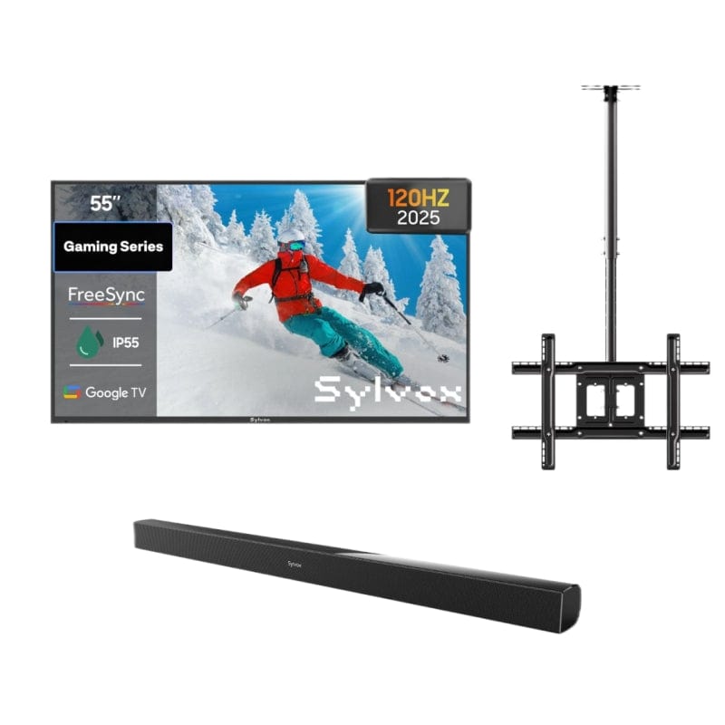 55 inch outdoor gaming TV bundle with ceiling mount and soundbar, weatherproof television for patio, backyard or garden entertainment