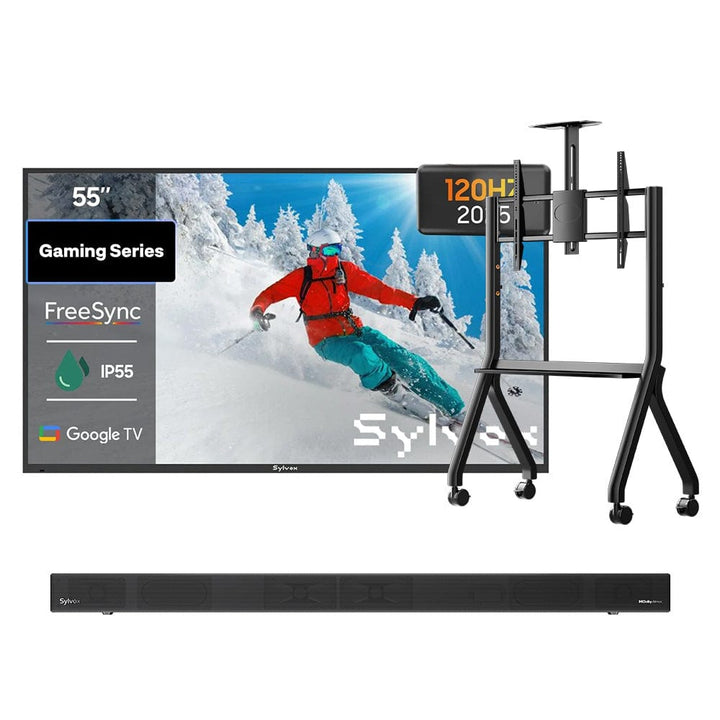 55 inch outdoor gaming TV bundle with rolling tv cart and soundbar, weatherproof television for patio, backyard or garden entertainment