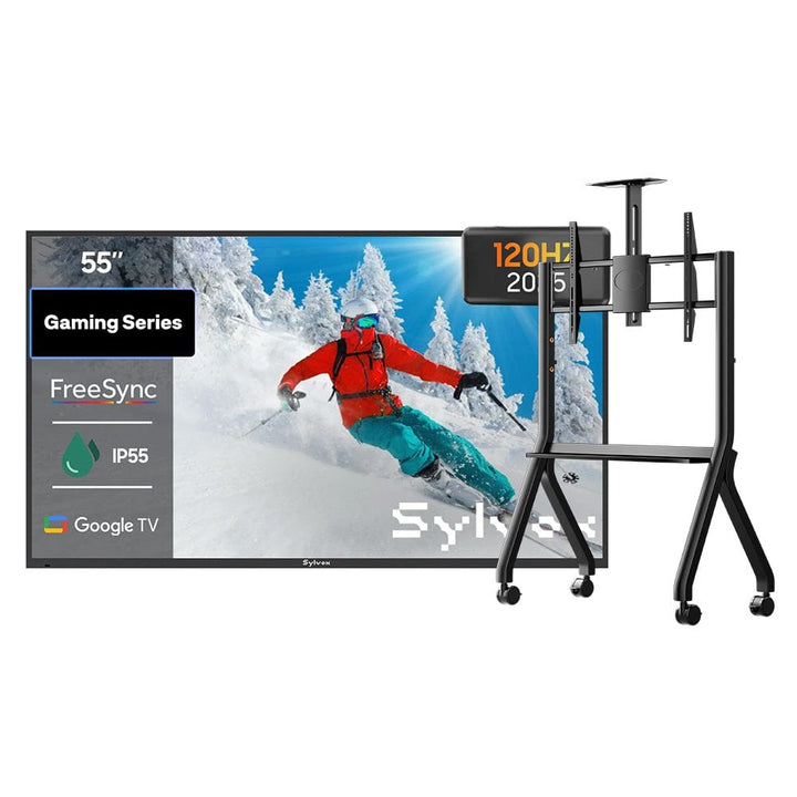 55 inch outdoor gaming TV with rolling TVcart, weatherproof television for patio and backyard