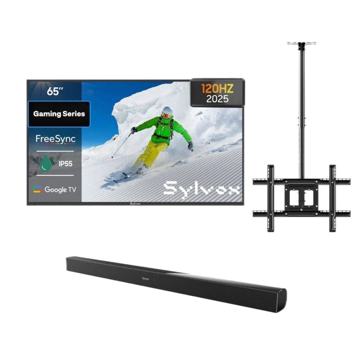 65 inch outdoor gaming TV bundle with ceiling mount and soundbar, weatherproof television for patio, backyard or garden entertainment