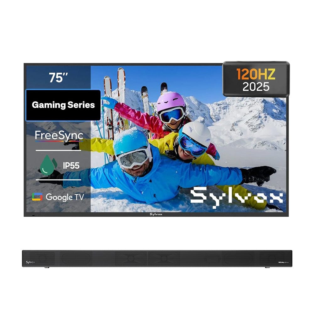 75 inch outdoor gaming TV with soundbar, weatherproof television for patio, backyard or garden entertainment