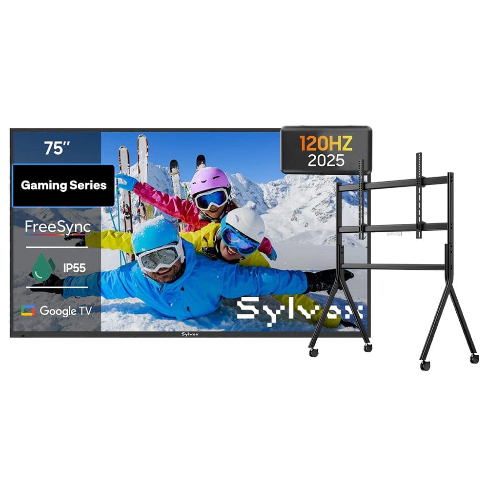 75inch outdoor gaming TV with rolling TVcart, weatherproof television for patio and backyard